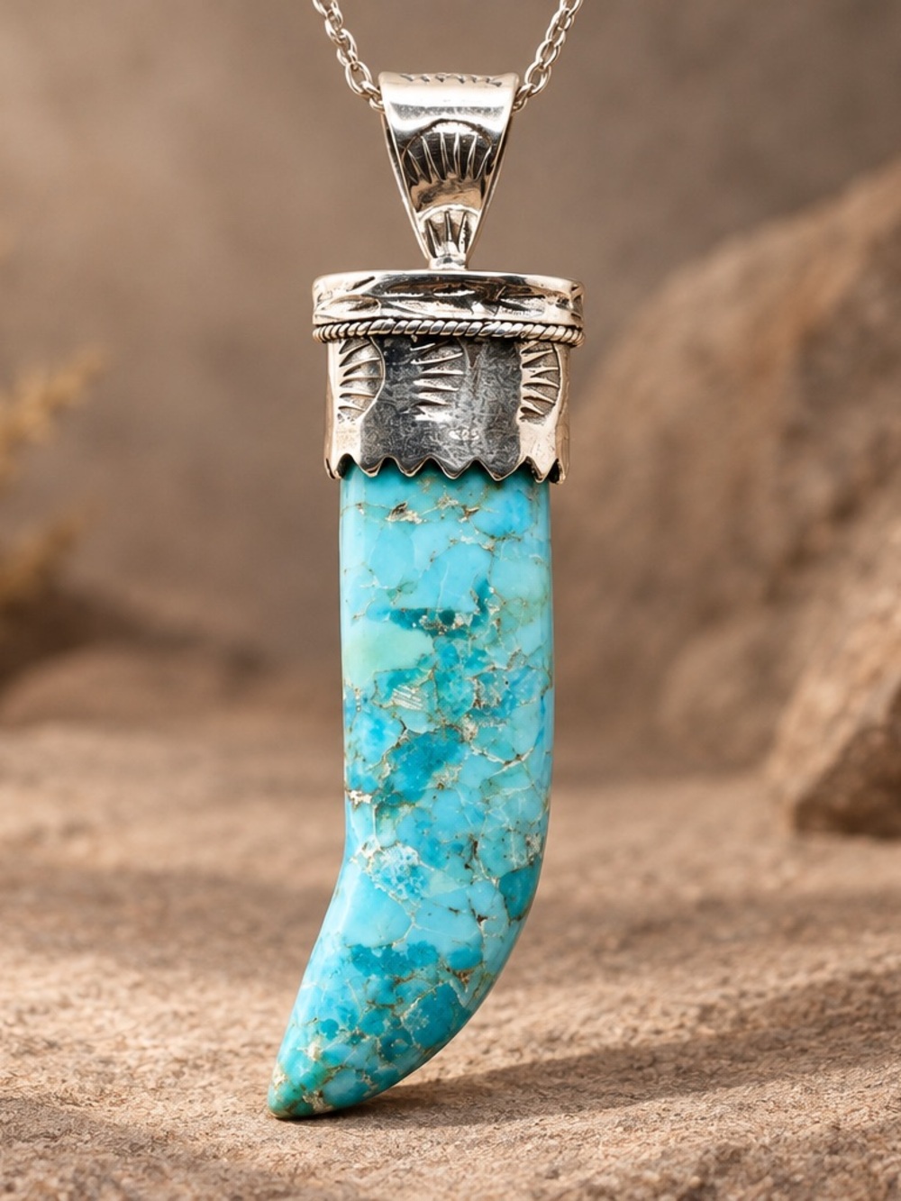 Native American Turquoise Horn 925 Sterling Silver Pendant